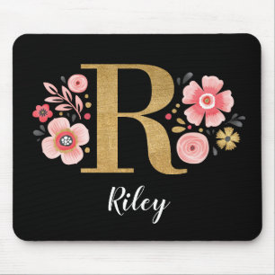 Classy Pink Black Girly Monogram Initial Letter R Mouse Mat