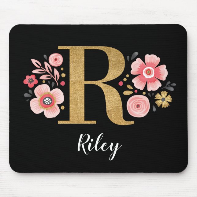 Classy Pink Black Girly Monogram Initial Letter R Mouse Mat (Front)