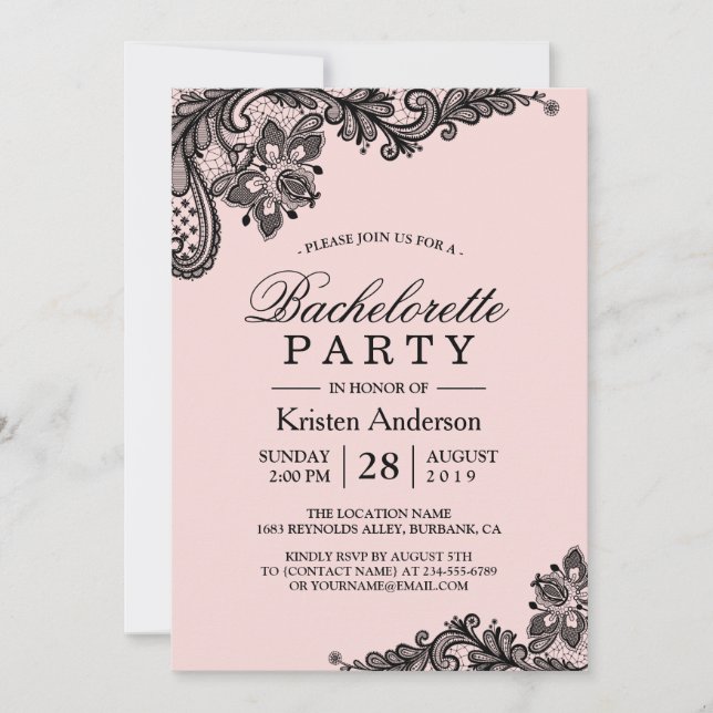 Classy Pink Black Lace Bachelorette Party Invitation (Front)
