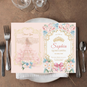 Classy Pink Bow Floral Quinceanera Program