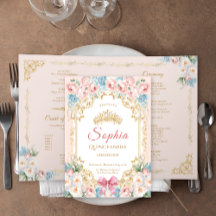 Classy Pink Bow Floral Quinceanera Program Card