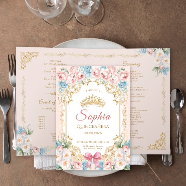 Classy Pink Bow Floral Quinceanera Program Card (Classy Pink Blue Floral Quinceanera Program Card)