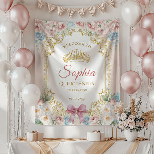 Classy Pink Bow Floral Quinceanera Welcome Tapestry