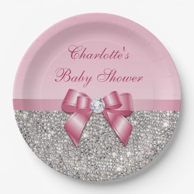 Classy Pink Bow Silver Sequins Baby Shower Paper Plate (Front)