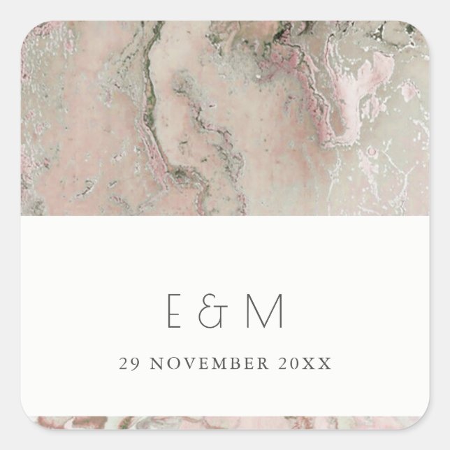 CLASSY PINK DUSKY ROSE GOLD AGATE MONOGRAM WEDDING SQUARE STICKER (Front)