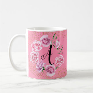 Classy Pink Feminine Roses Initial Coffee Mug