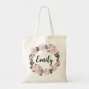 Classy Pink Floral Bridesmaid Monogram Name  Tote Bag