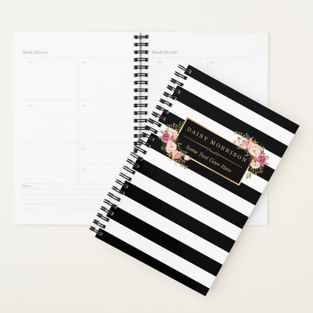 Classy Pink Floral Girly Gold Black White Stripes Planner (Display)