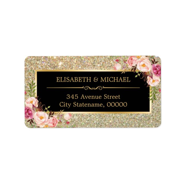 Classy Pink Floral Gold Glitter Sparkling Wedding Label (Front)