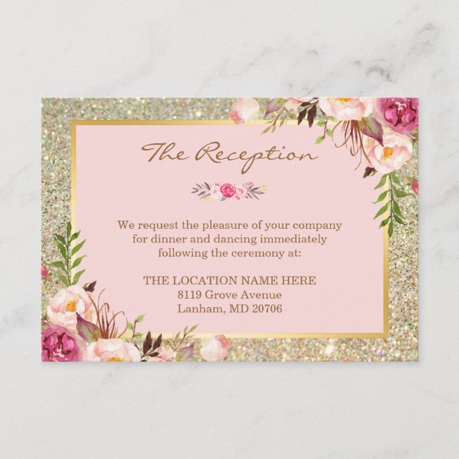 Classy Pink Floral Gold Glitter Wedding Reception Enclosure Card (Front)