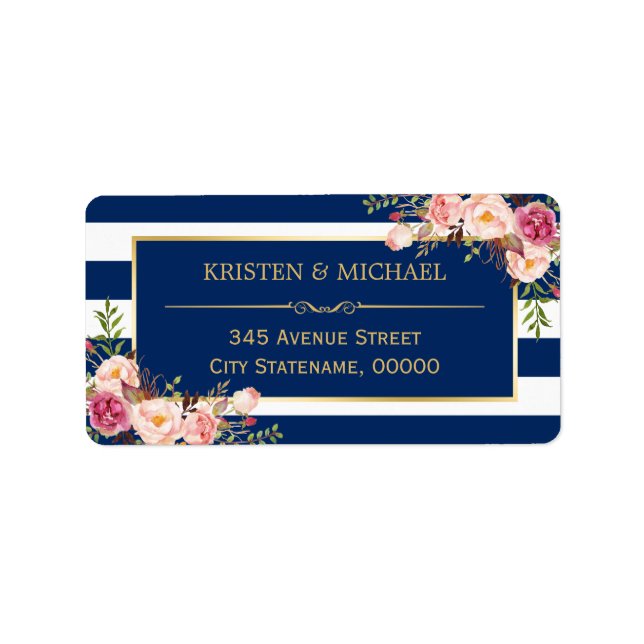 Classy Pink Floral Gold Navy Blue Stripes Label (Front)
