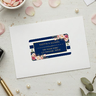 Classy Pink Floral Gold Navy Blue Stripes Label