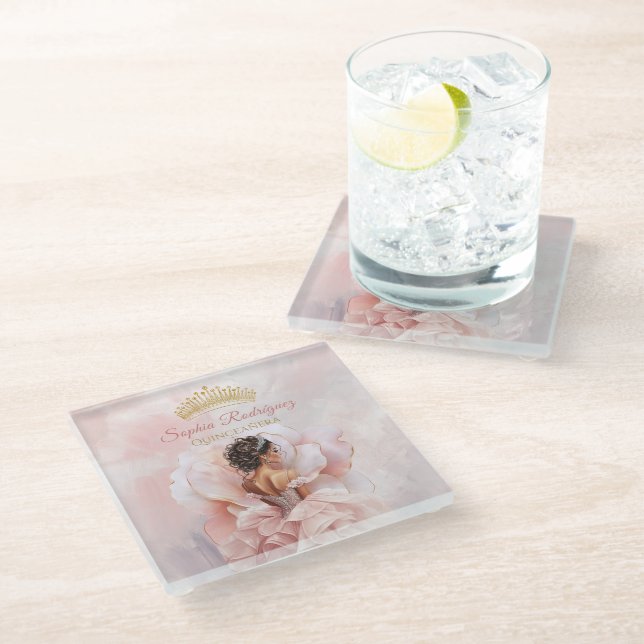 Classy Pink Flower Dress Quinceanera Glass Coaster (Angled)