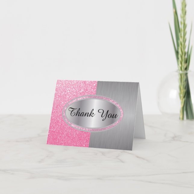 Classy Pink Glitter Brush  - Thank You Card (Front)