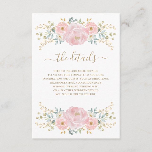 Classy Pink Gold Botanical Floral Wedding Details Enclosure Card (Front)
