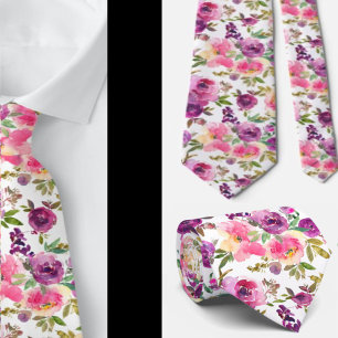 Classy Pink Purple Watercolor Roses Neck Tie
