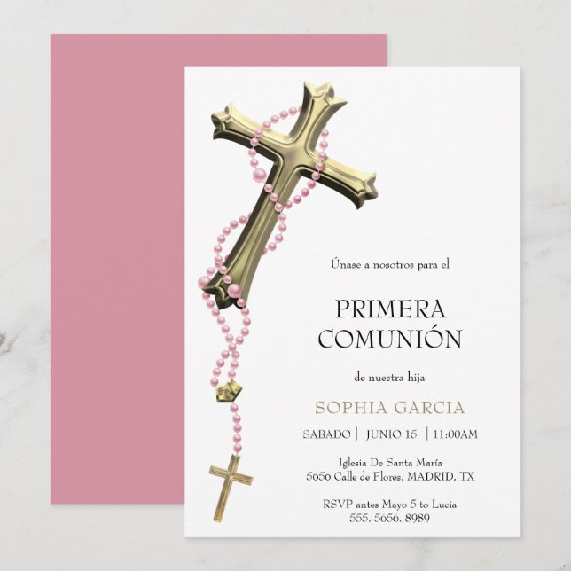 Classy Pink Rosary & Gold Cross Comunión Invitation (Front/Back)
