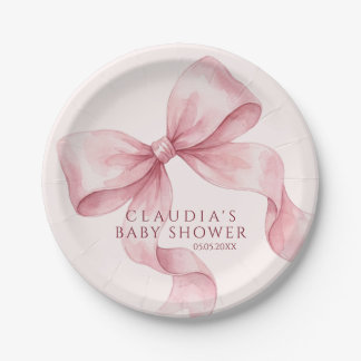 Classy Pink Watercolor Bow Baby Shower Paper Plate