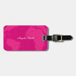 Classy Pink World Map with Compass Rose Monogram Luggage Tag