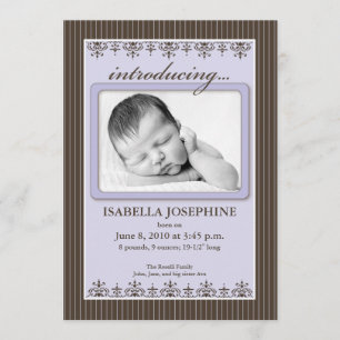 Classy Pinstripe Lilac 5x7" Birth Announcement