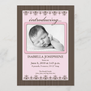 Classy Pinstripe Pink 5x7" Birth Announcement