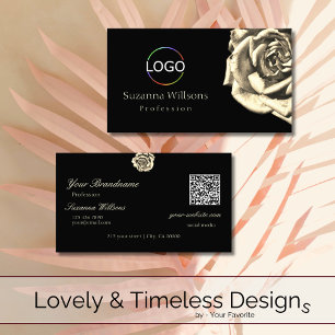 Classy Plain Black Beige Rose Logo and QR Code Business Card