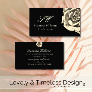 Classy Plain Black Beige Rose with Initials Business Card
