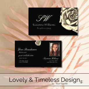 Classy Plain Black Beige Rose with Initials Photo Business Card