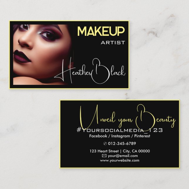 Classy Plain Black Thin Border Glam Photo Image Business Card (Front/Back)