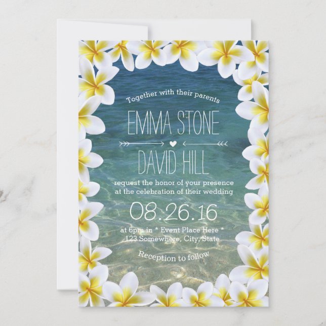 Classy Plumeria Floral Frame Beach Wedding Invitation (Front)