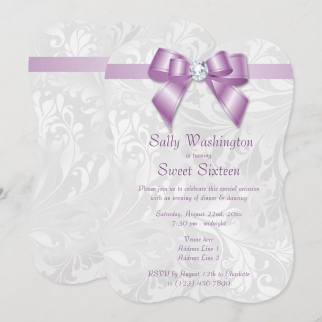 Classy Posh Diamond Bow & Damask Birthday Invitation (Front/Back)