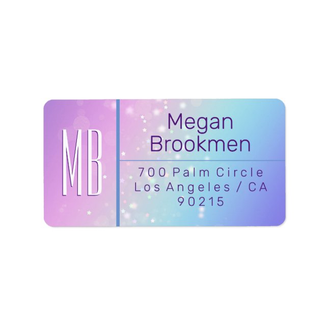 Classy Purple & Blue Bokeh Star Monogram Address Label (Front)
