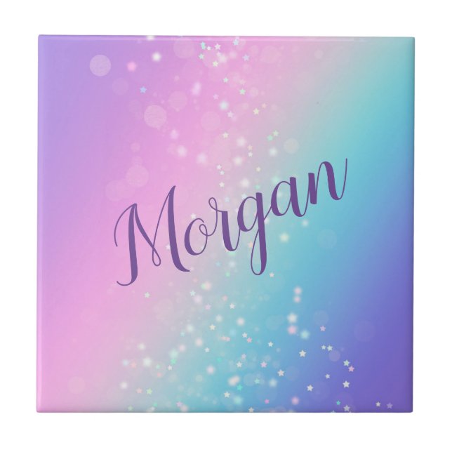 Classy Purple & Blue Bokeh Star, Name or Monogram  Tile (Front)