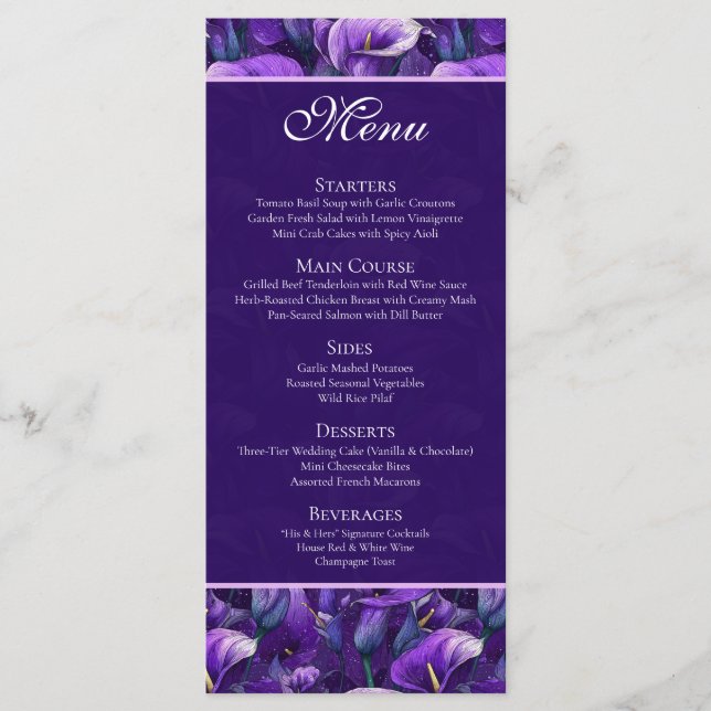 Classy Purple Calla Lilies Inspired Destination  Menu (Front)
