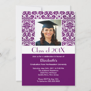 Classy Purple Damask Graduation Invitation Photo