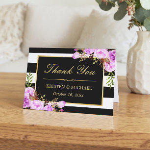 Classy Purple Floral Black White Stripes Thank You Card