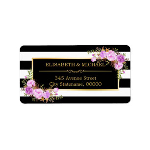 Classy Purple Floral Gold Black White Stripes Label