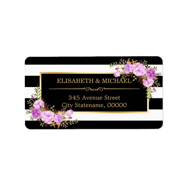 Classy Purple Floral Gold Black White Stripes Label (Front)