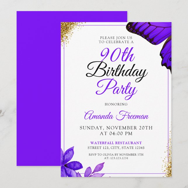 Classy Purple Flowers 90th Birthday Invitation (Front/Back)