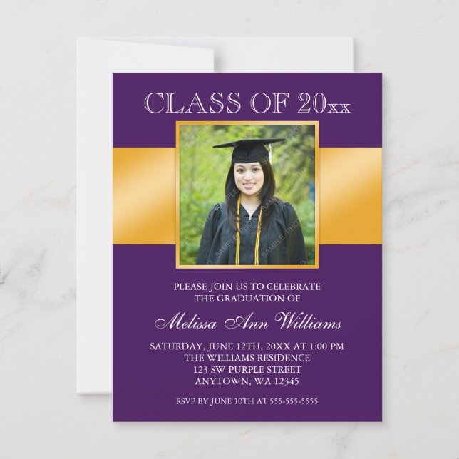 Classy Purple Gold Photo Graduation Announcement (Front)