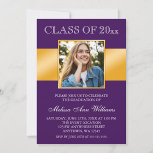 Classy Purple Gold Photo Graduation Announcement