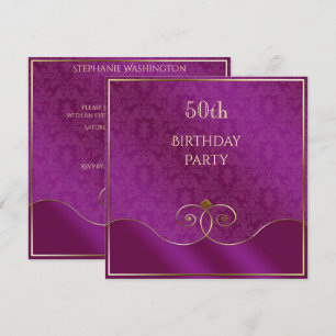 Classy Purple & Gold Swirls, Damask 50th Birthday Invitation