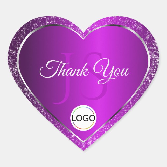 Classy Purple Logo Initials Glitter Cute Thank You Heart Sticker (Front)