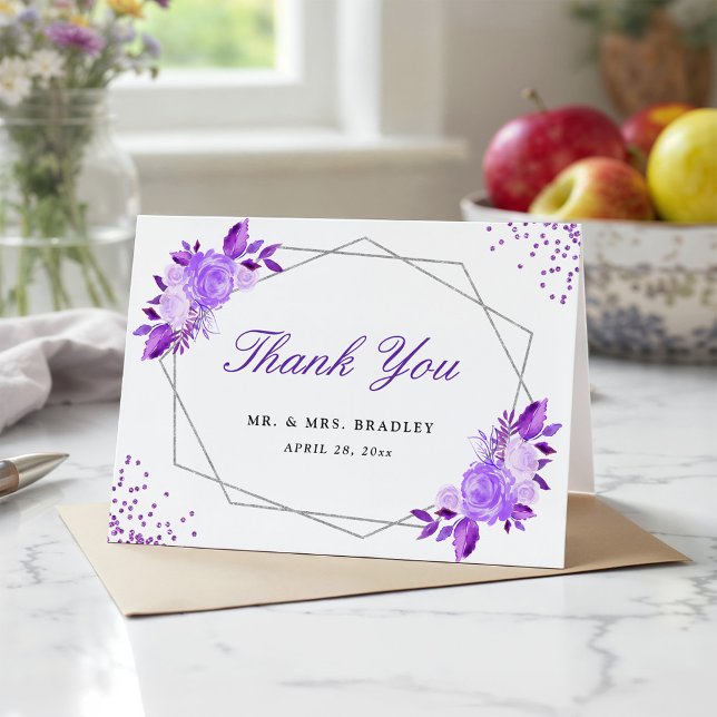 Classy Purple Silver Frame Floral Thank You Card (Creator Uploaded)