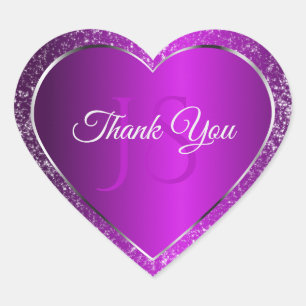 Classy Purple with Glitter Initials Cute Thank You Heart Sticker