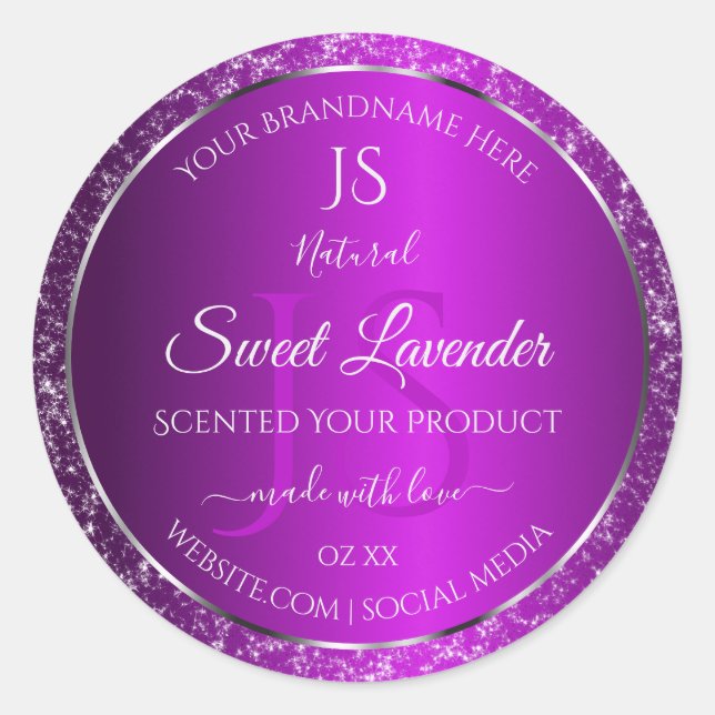 Classy Purple with Glitter Initials Product Labels (Front)