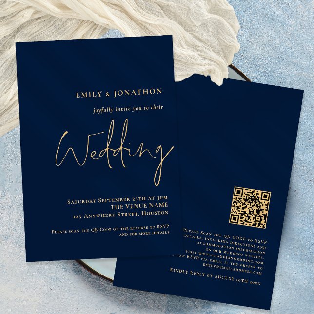Classy QR Code Navy Gold Script Wedding Invitation (Creator Uploaded)