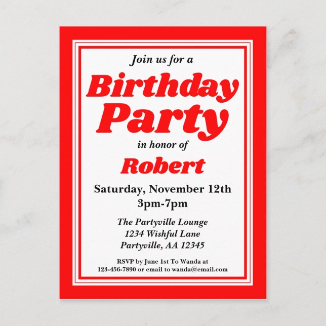 Classy Red Adult Birthday Party Invitation Postcard (Front)