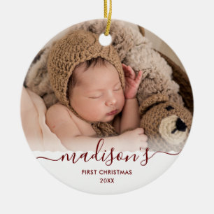 Classy Red Baby's 1st Christmas 2 Photo Name Ceramic Tree Decoration