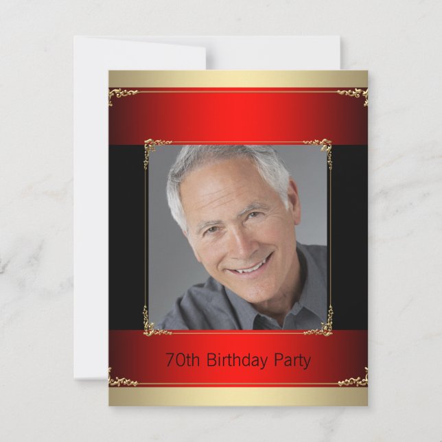 Classy Red, Black and Gold 70th Birthday Party Invitation (Front)